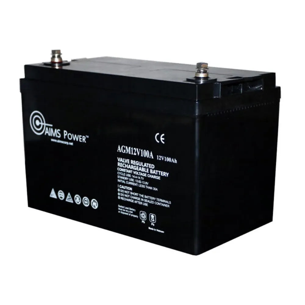 Angled view of AIMS Power AGM12V100A 12V 100Ah valve regulated rechargeable deep cycle battery with dual terminals.