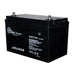 Angled view of AIMS Power AGM12V100A 12V 100Ah valve regulated rechargeable deep cycle battery with dual terminals.