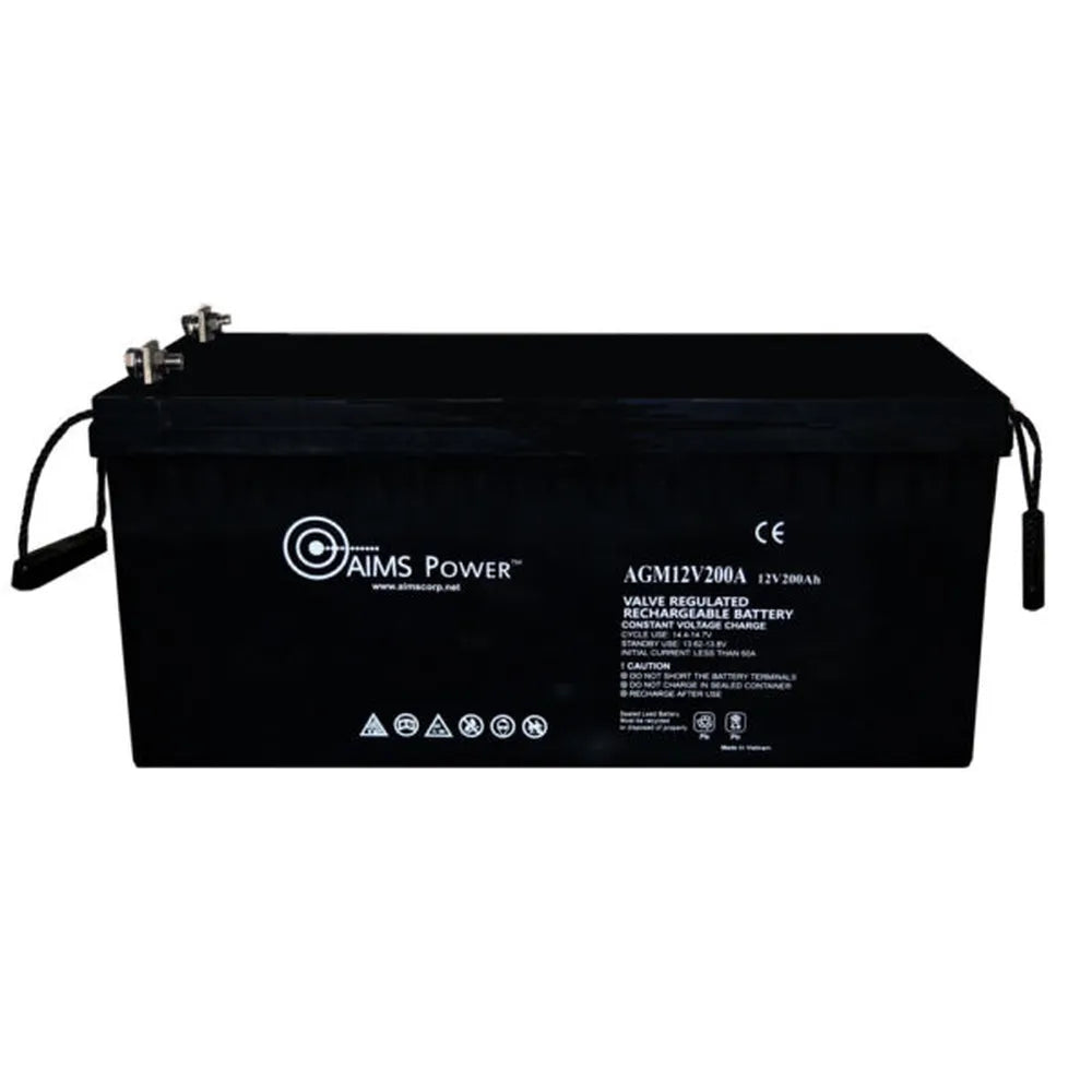 AIMS Power 12V 200Ah AGM deep cycle battery with front label, top terminals, carry handles, and black sealed case.