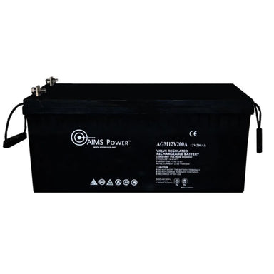 AIMS Power 12V 200Ah AGM deep cycle battery with front label, top terminals, carry handles, and black sealed case.