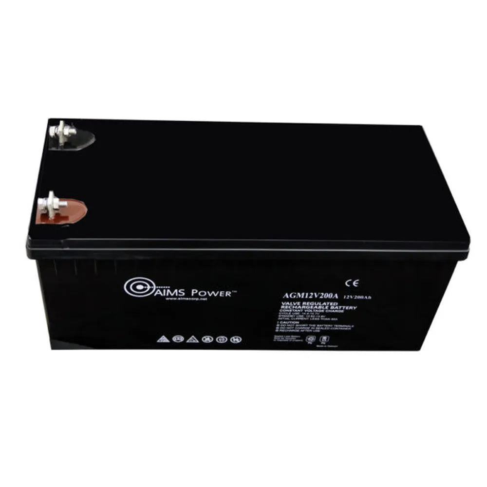 Angled top view of AIMS Power AGM12V200A 12V 200Ah valve regulated rechargeable deep cycle battery with terminals.