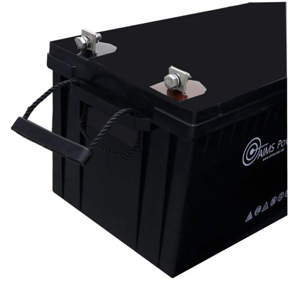 Close-up of AIMS Power 12V 200Ah AGM battery terminals, side rope handles, and durable black housing.