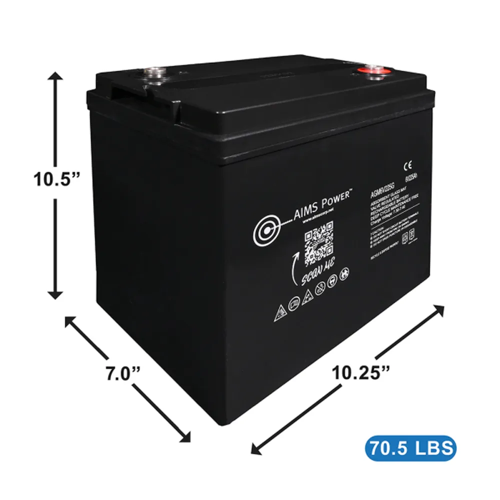 AIMS Power 6V 225Ah AGM GC2 deep cycle battery with 10.25 x 7 x 10.5 inch dimensions and 70.5 lb weight.