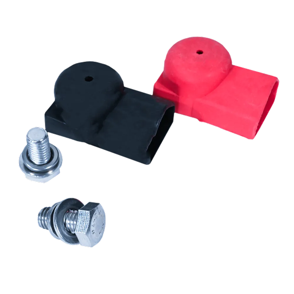 AIMS Power AGM GC2 battery hardware kit with red and black terminal covers, bolts, washers, and mounting fasteners.