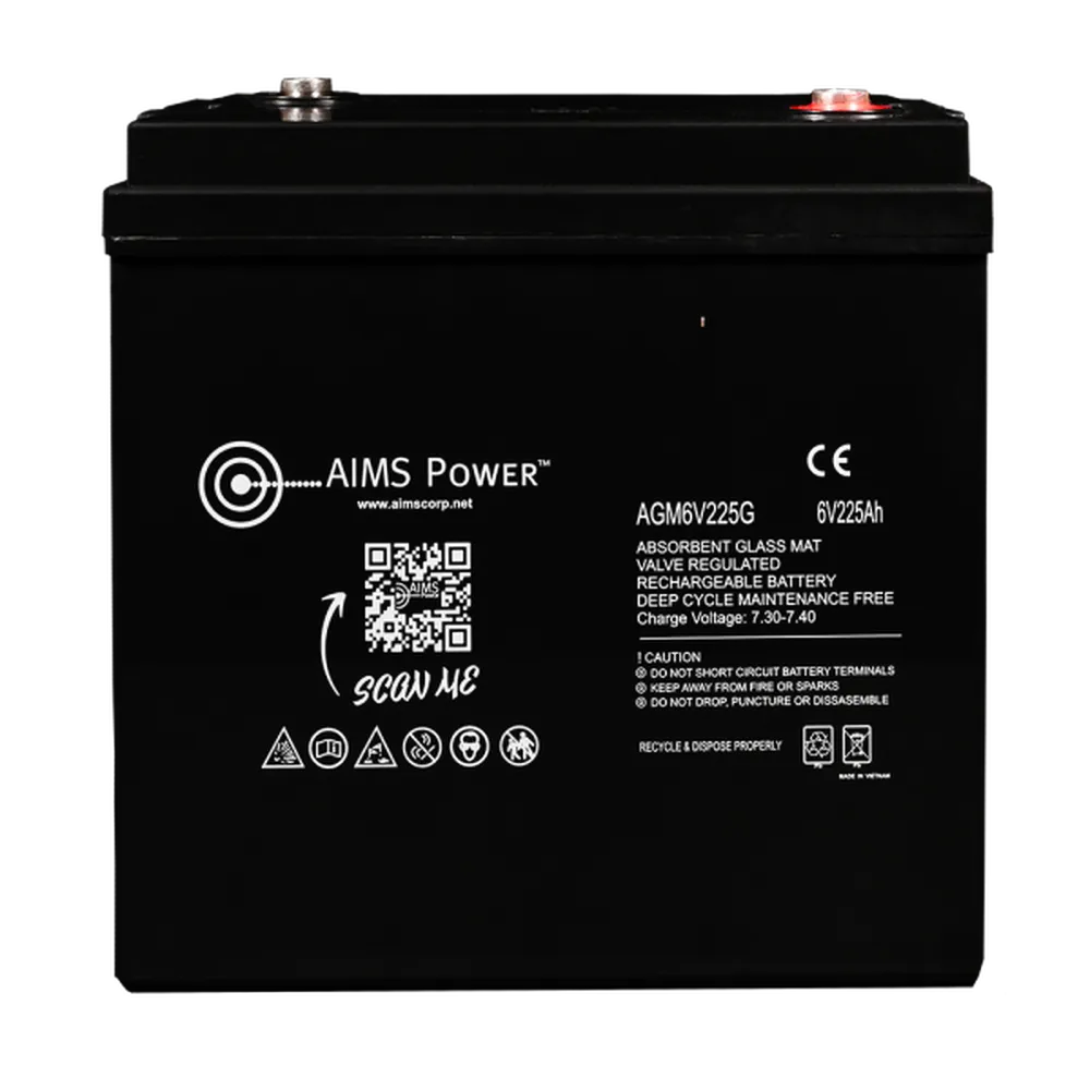 Front view of AIMS Power AGM6V225G 6V 225Ah absorbent glass mat rechargeable deep cycle maintenance-free battery.