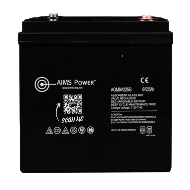 Front view of AIMS Power AGM6V225G 6V 225Ah absorbent glass mat rechargeable deep cycle maintenance-free battery.