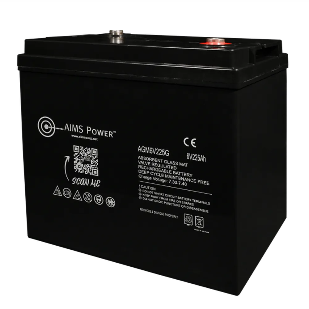 Angled view of AIMS Power 6V 225Ah AGM GC2 deep cycle battery showing front label, terminals, and black case.