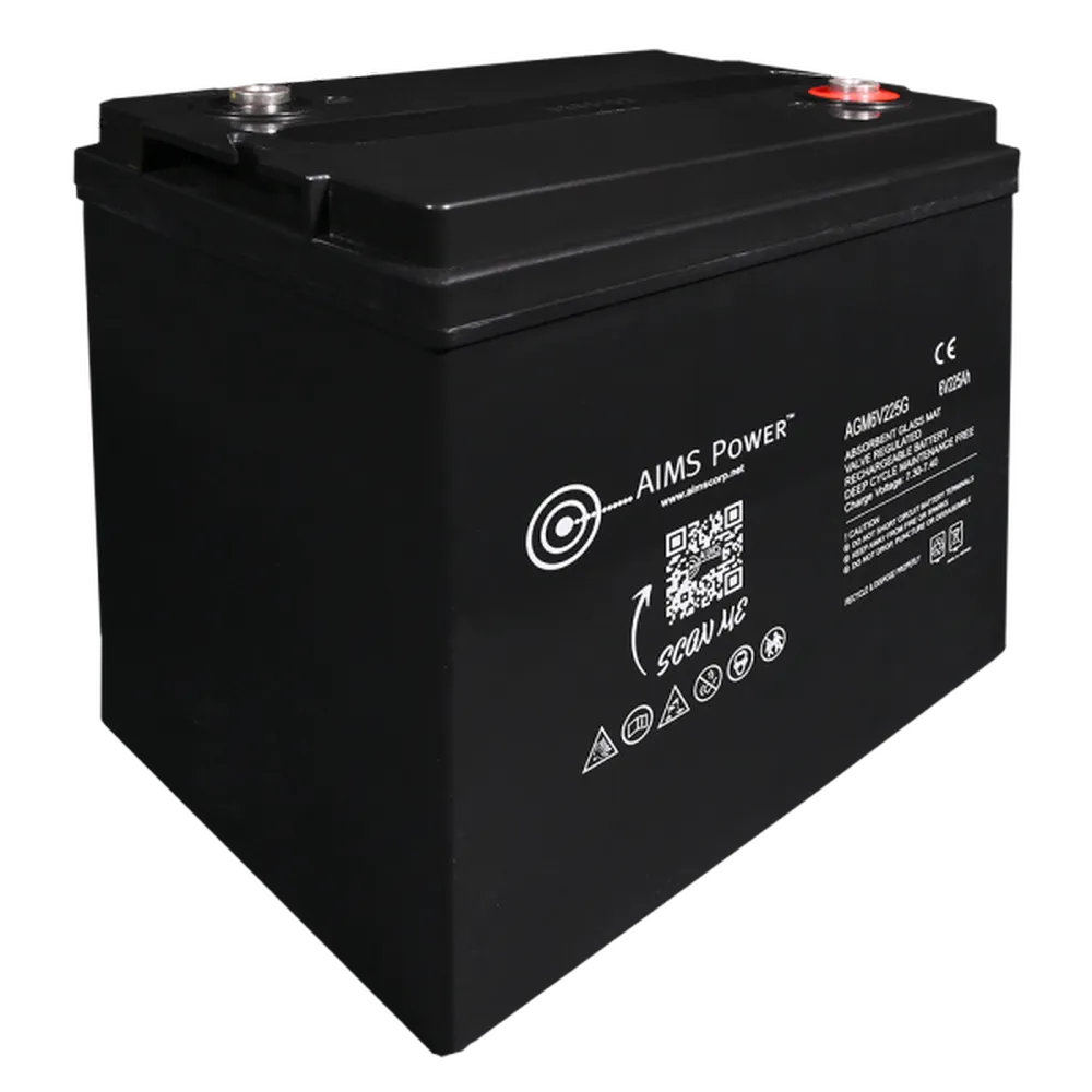 Angled product view of AIMS Power 6V 225Ah AGM GC2 deep cycle rechargeable battery with top terminals and front label.