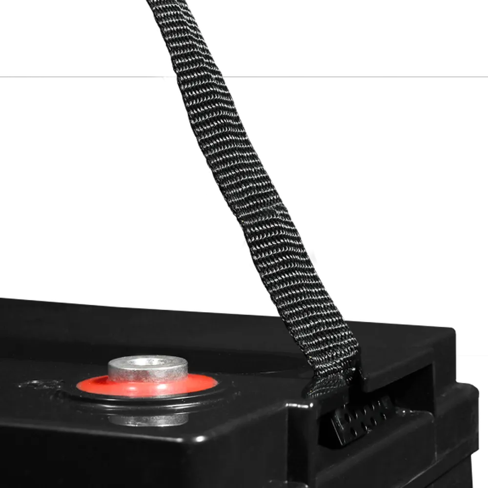Close-up of AIMS Power AGM battery terminal and integrated flexible carry strap in the recessed handle.