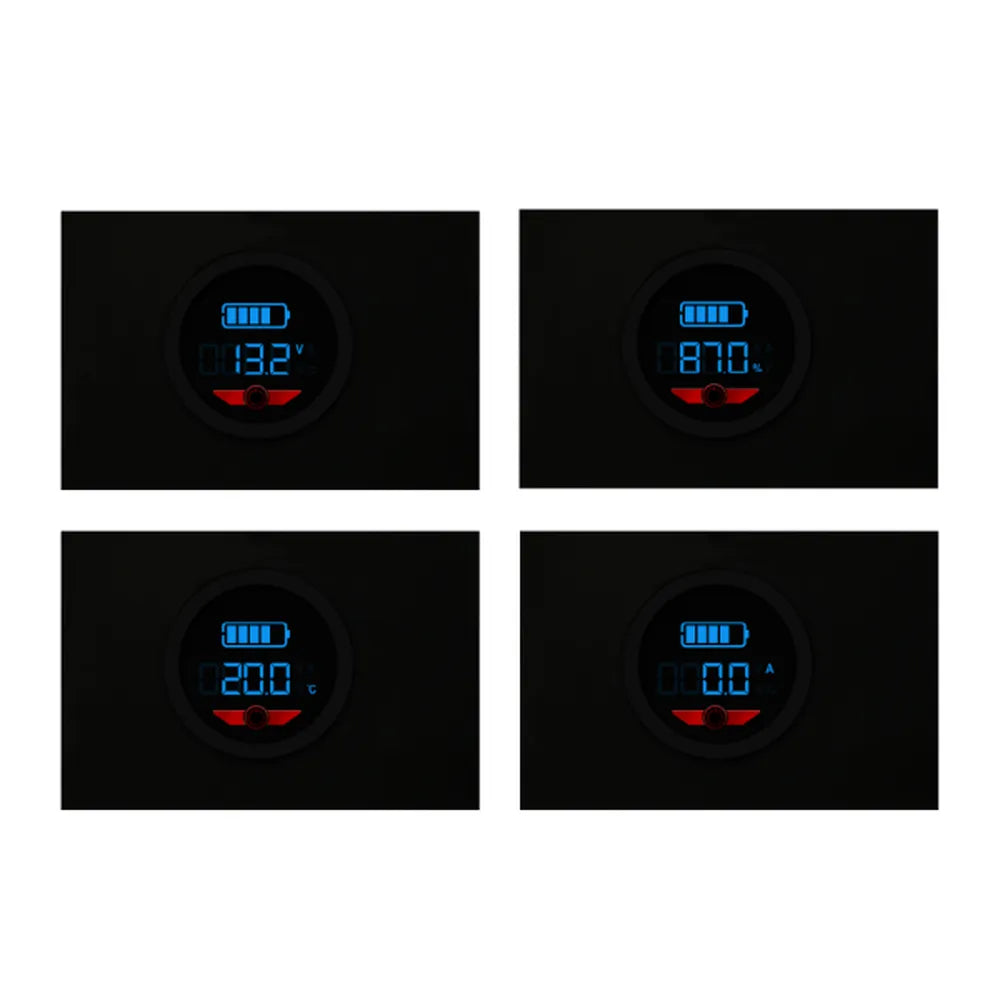 Close-up collage of AIMS Power LiFePO4 battery display showing voltage, capacity, temperature, and amperage readings.