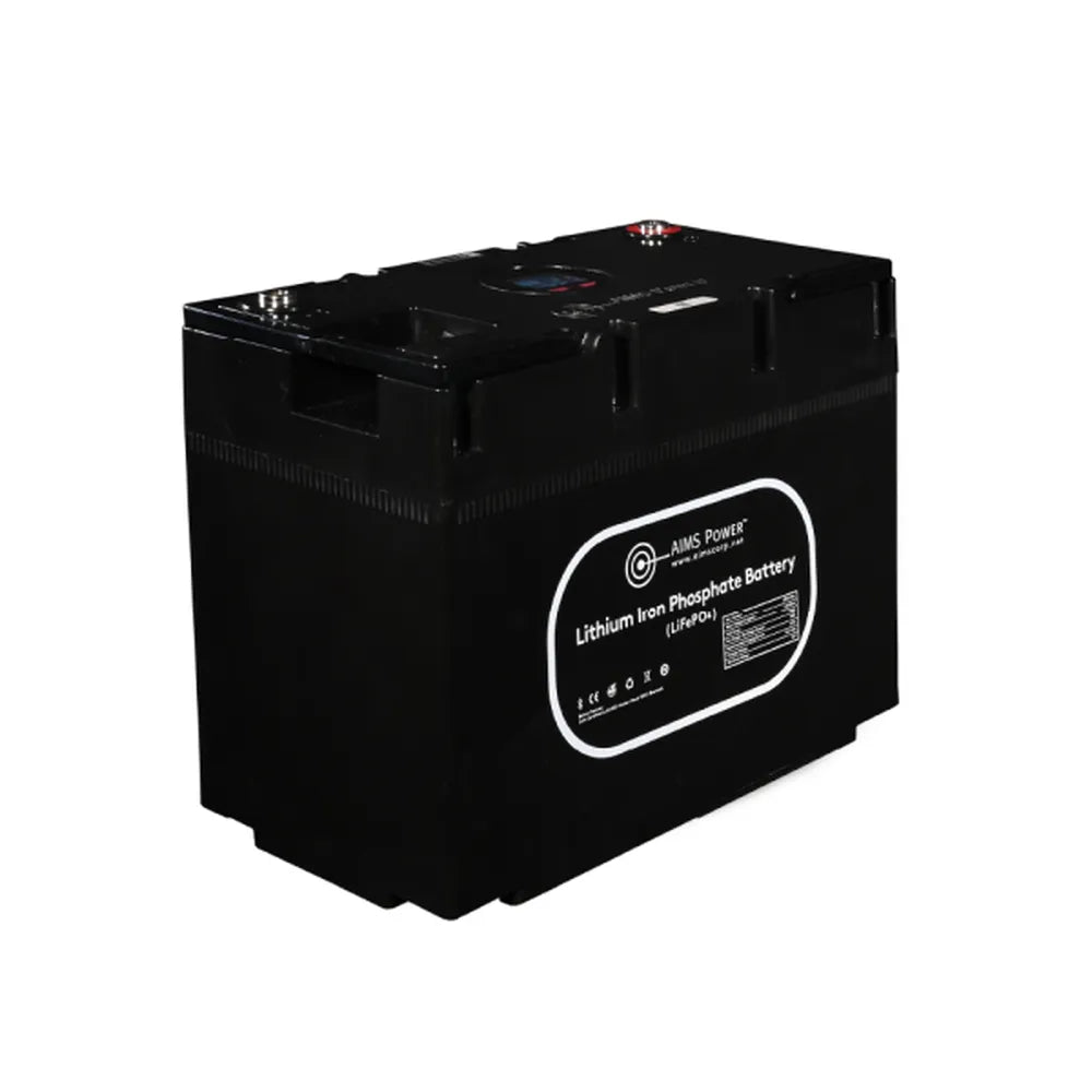 Angled view of AIMS Power 12V 135Ah LiFePO4 battery with top terminals, built-in display, and black case.