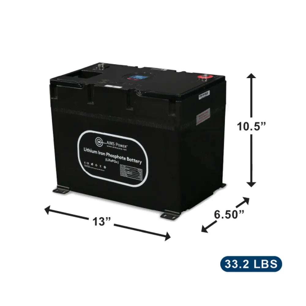 AIMS Power 12V 135Ah LiFePO4 battery with 13 x 6.5 x 10.5 inch dimensions and 33.2 lb weight.