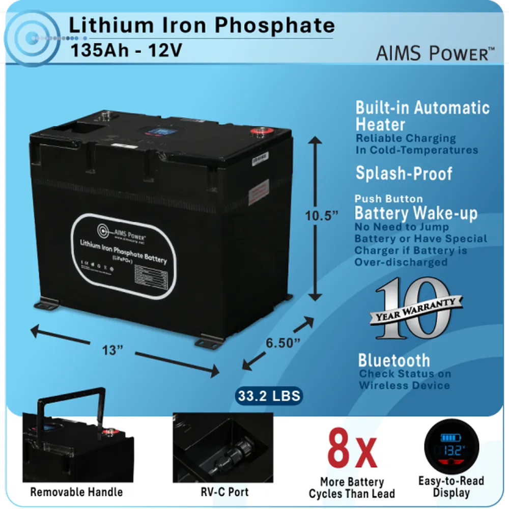AIMS Power 135Ah 12V lithium iron phosphate battery graphic showing heater, splash-proof design, Bluetooth, display, and 10-year warranty.