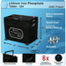 AIMS Power 135Ah 12V lithium iron phosphate battery graphic showing heater, splash-proof design, Bluetooth, display, and 10-year warranty.