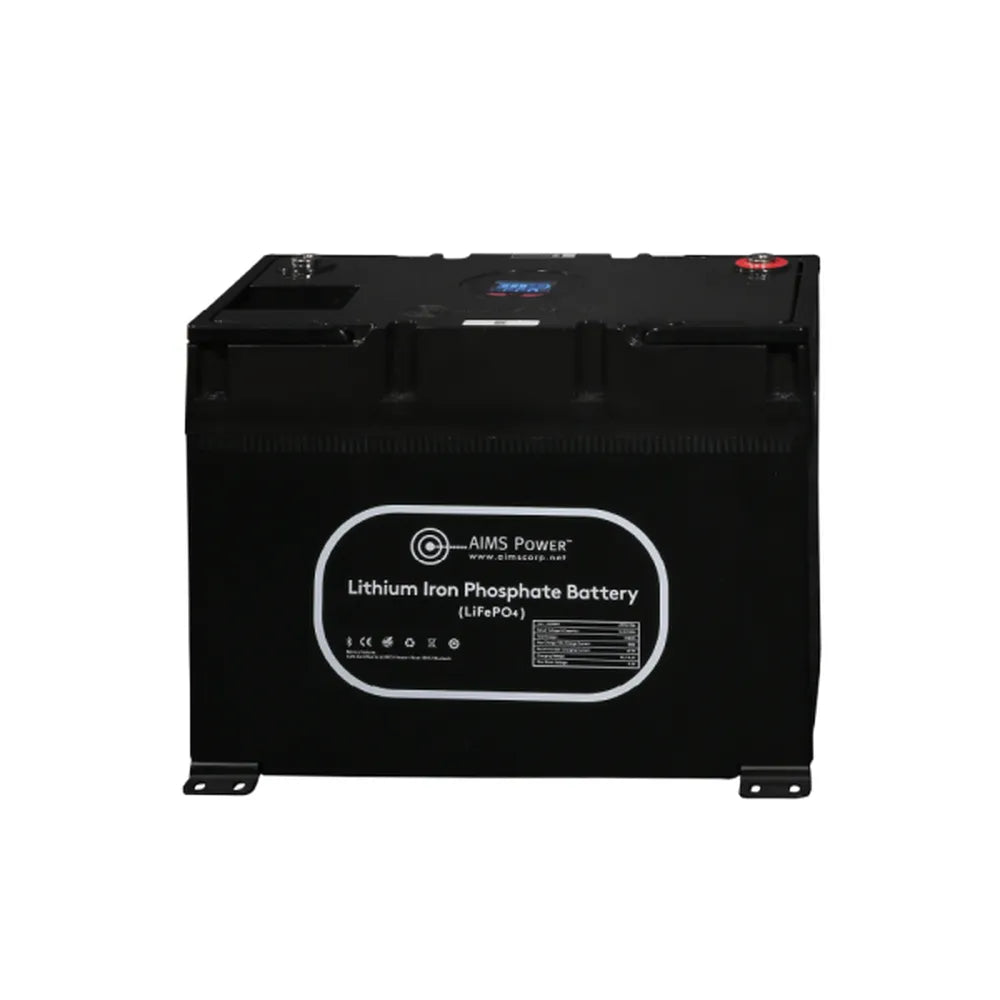 Front view of AIMS Power 12V 135Ah LiFePO4 lithium iron phosphate battery with mounting feet and top terminals.