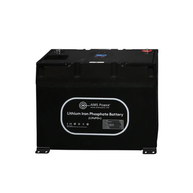 Front view of AIMS Power 12V 135Ah LiFePO4 lithium iron phosphate battery with mounting feet and top terminals.