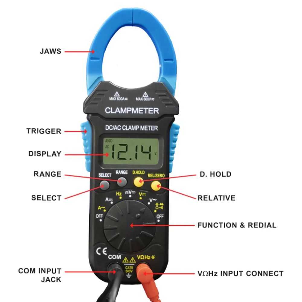 AIMS Power 600V True RMS clamp meter labeled with jaws, display, range, hold, and input jack controls.