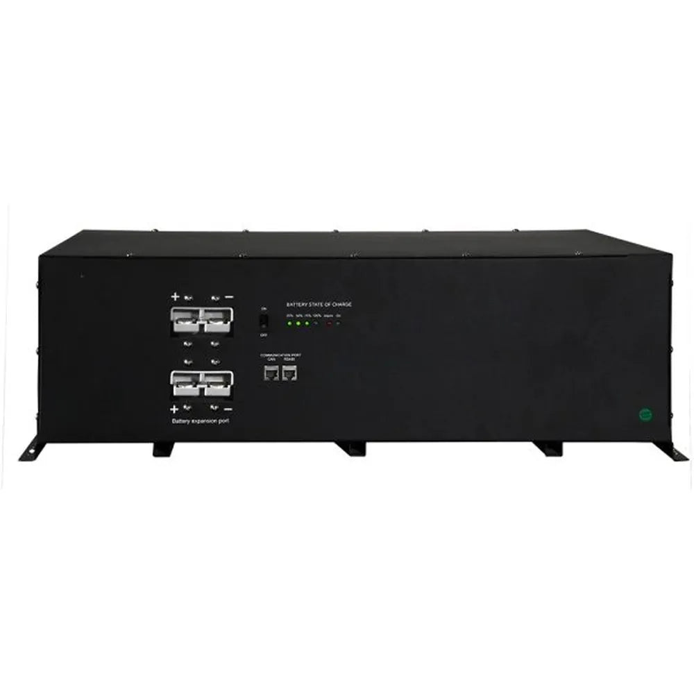 Front view of AIMS Power AIO-12V-BAT2 lithium battery showing expansion ports, CAN communication, charge LEDs, and mounting feet.