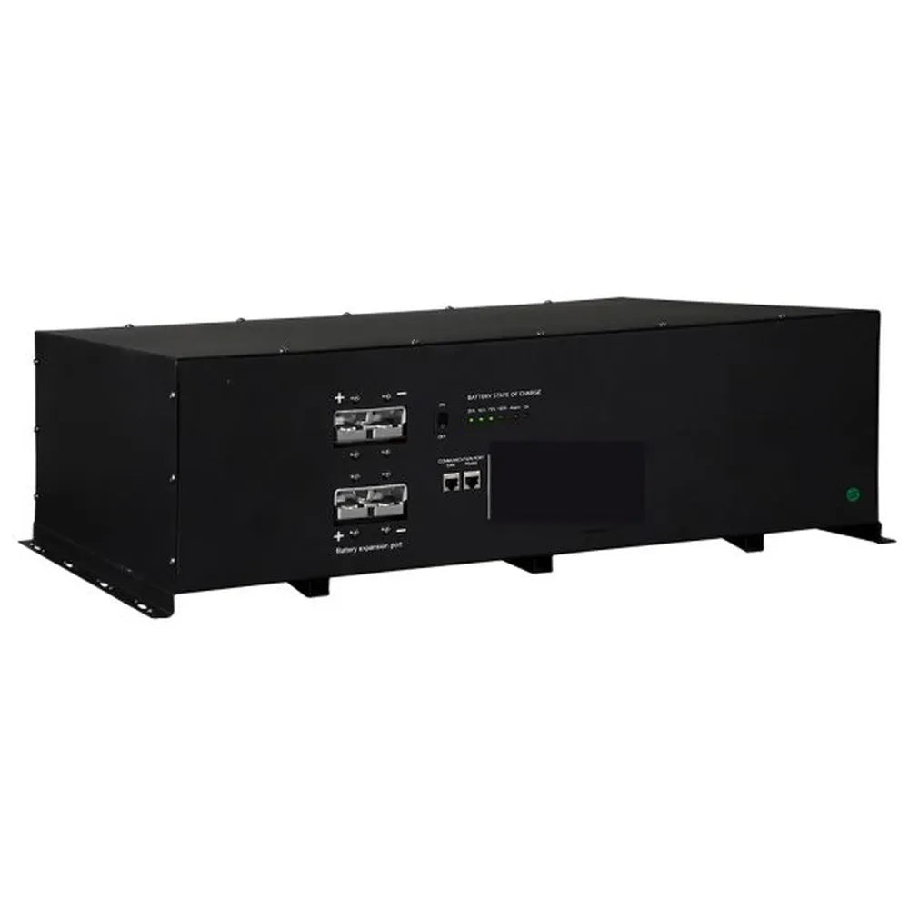 AIMS Power 420Ah lithium battery module with expansion connectors, communication ports, state of charge LEDs, and black metal case.