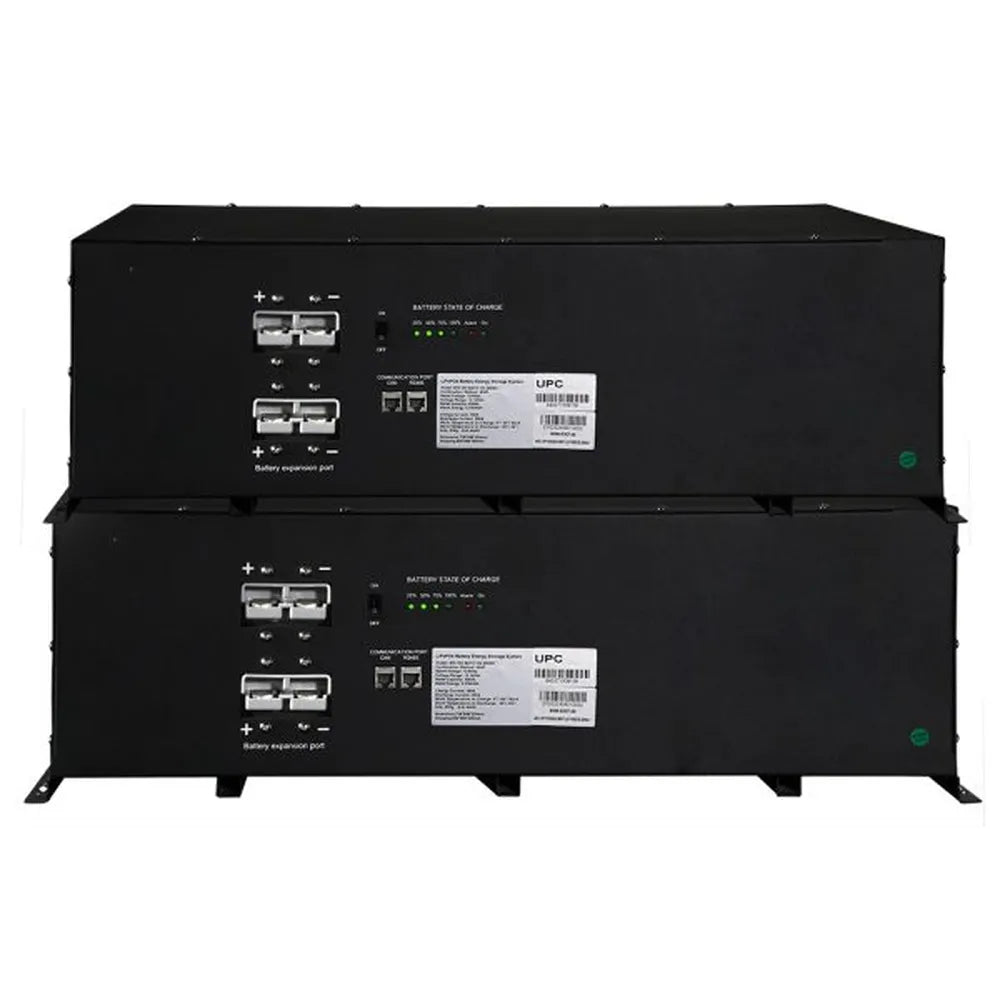 Two stacked AIMS Power AIO-12V-BAT2 420Ah lithium battery modules with communication ports and expansion connectors.