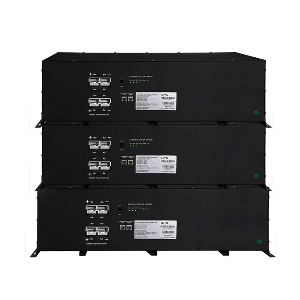 Three stacked AIMS Power 420Ah lithium battery modules with expansion ports, state of charge LEDs, and UPC labels.