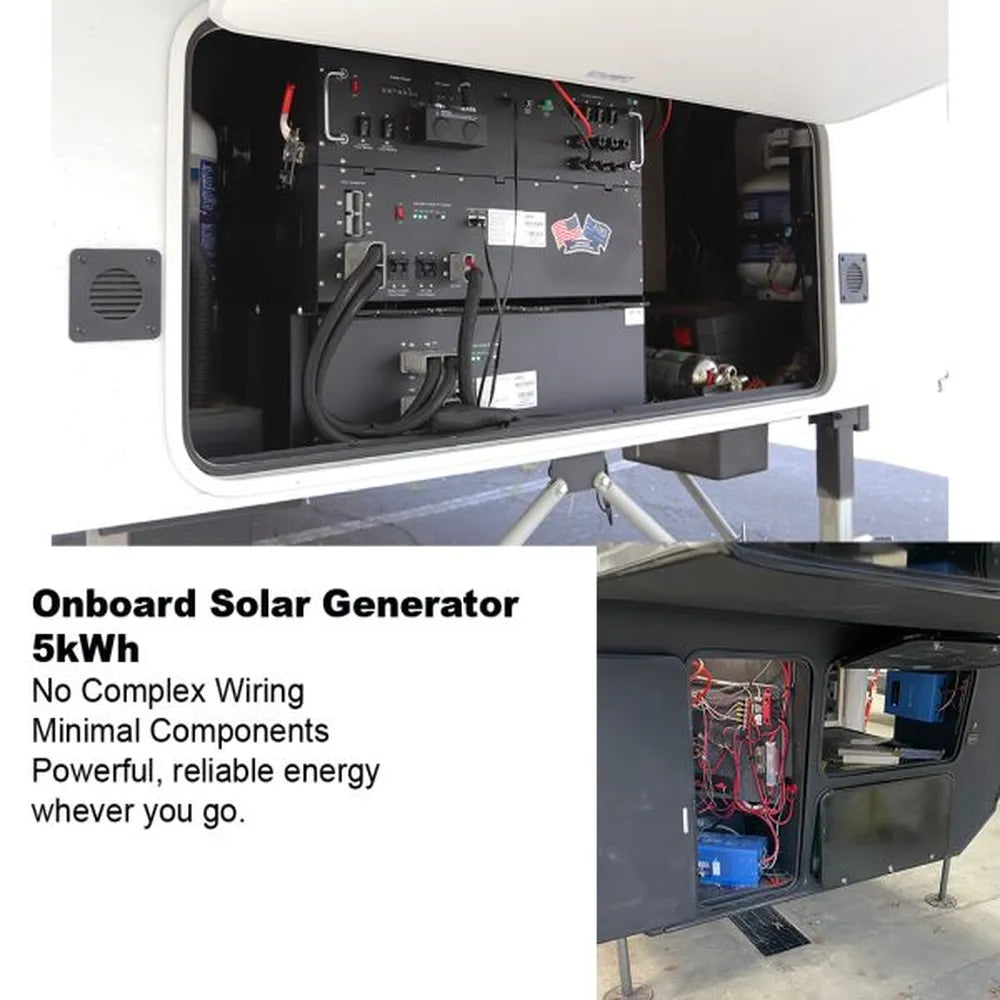 AIMS Power onboard solar generator installed in RV compartment, showing 5kWh energy system with minimal wiring and components.