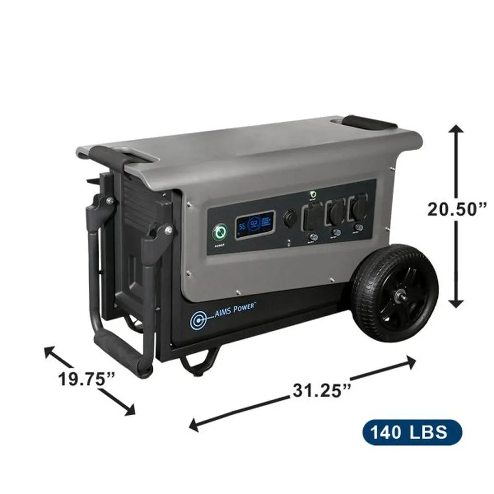 AIMS Power 3.1kWh portable solar generator on wheels with dimensions 31.25 x 19.75 x 20.50 inches and 140 lb weight.