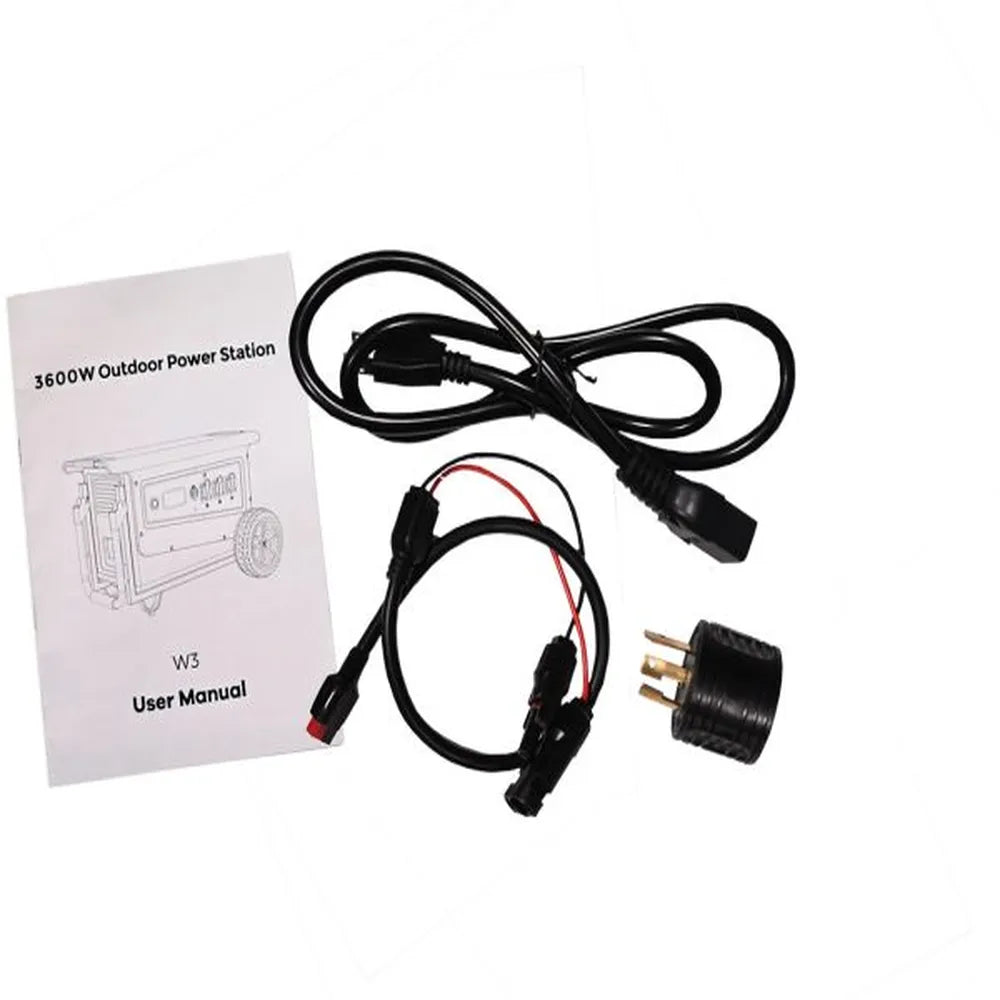 AIMS Power 3600W outdoor power station accessories with user manual, AC power cord, solar charging cable, and plug adapter.