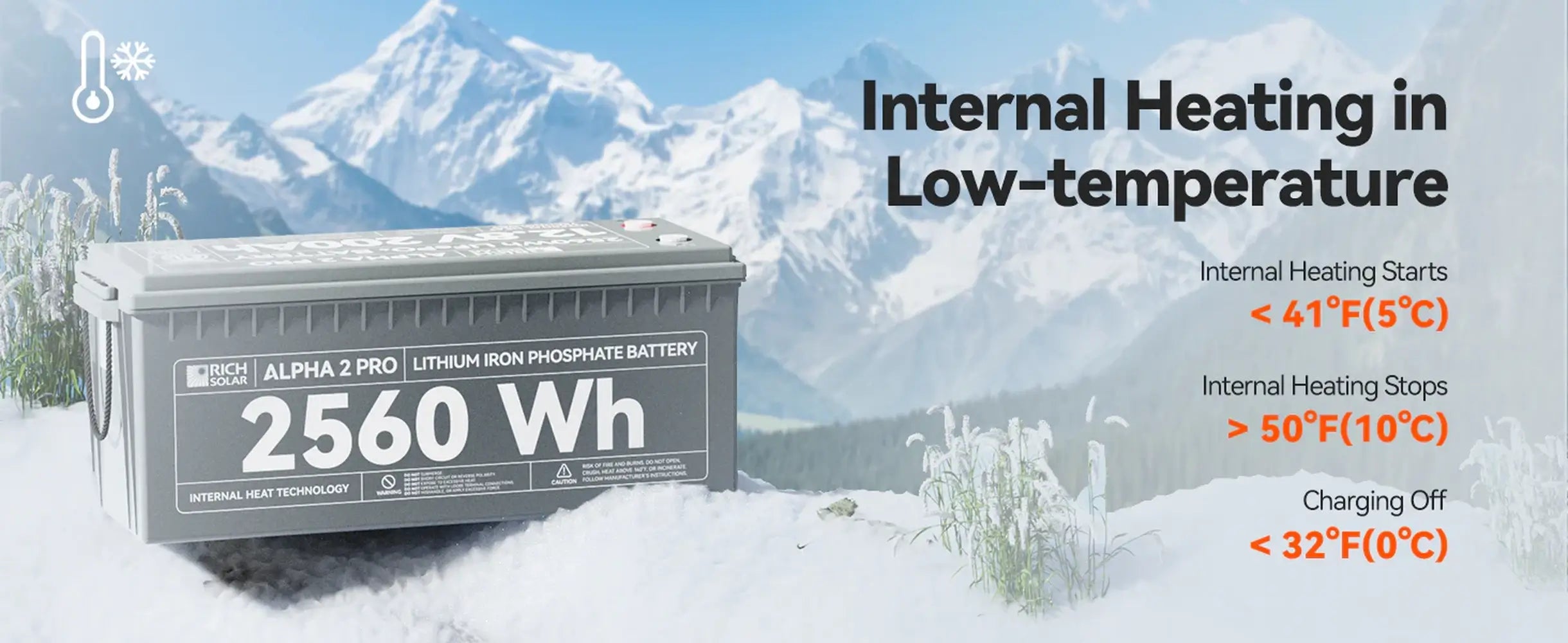 Rich Solar ALPHA 2 PRO LiFePO4 low-temperature charging specs diagram explaining internal heating parameters starting under 41°F and stopping above 50°F.