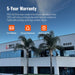 Rich Solar corporate building showing off-grid industry leadership with icons for a 5-year warranty, free shipping, and US local warehouses.