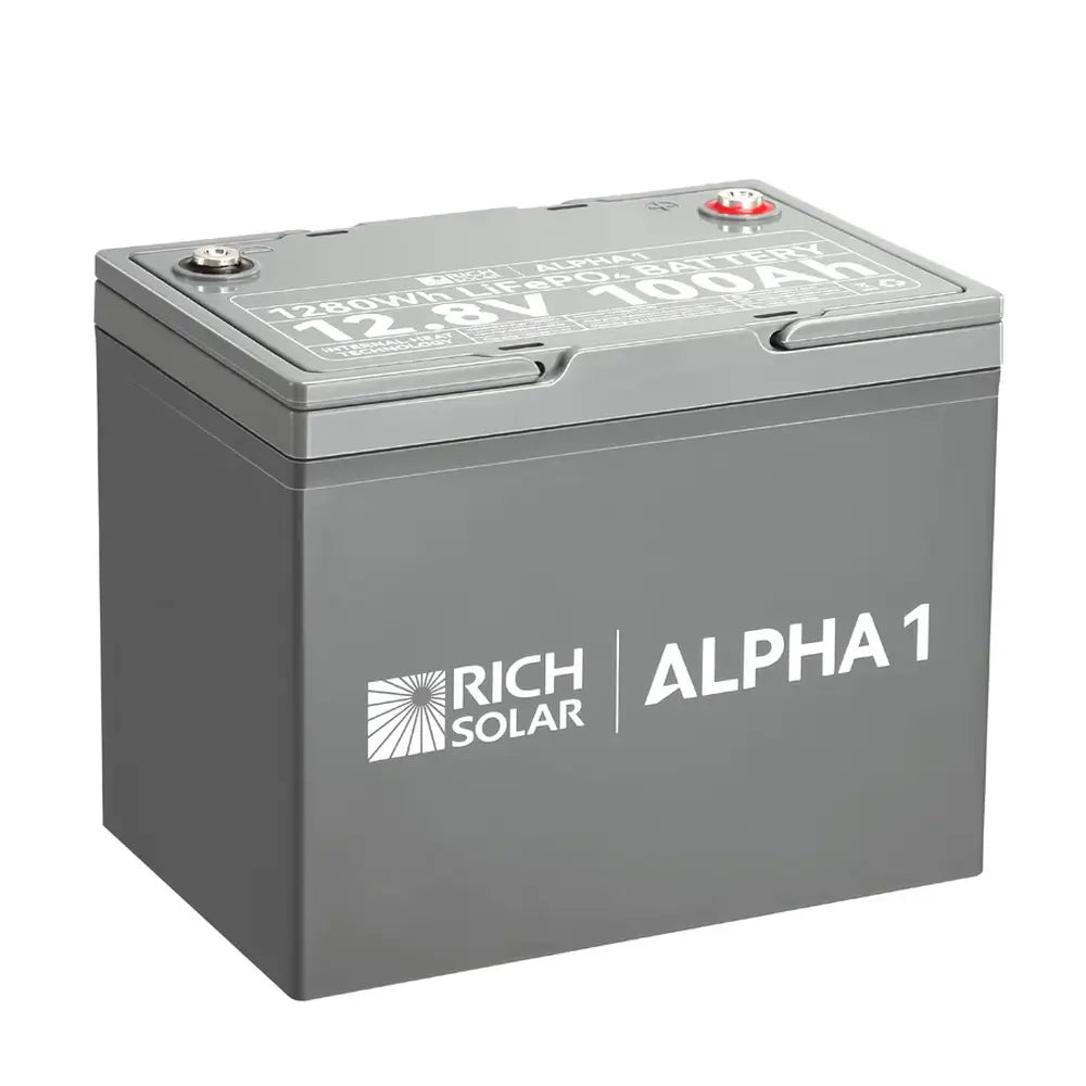 Rich Solar ALPHA 1 12.8V 100Ah LiFePO4 lithium iron phosphate deep cycle battery on a clean white background.