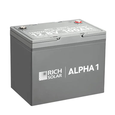 Rich Solar ALPHA 1 12.8V 100Ah LiFePO4 lithium iron phosphate deep cycle battery on a clean white background.