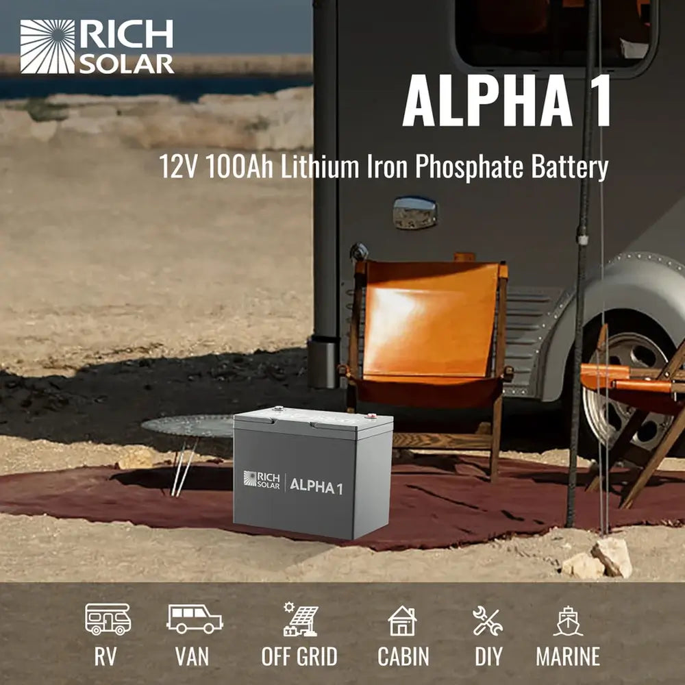 Rich Solar ALPHA 1 12V 100Ah lithium battery sitting outside a camper van, highlighting RV, marine, cabin, and off-grid solar applications.