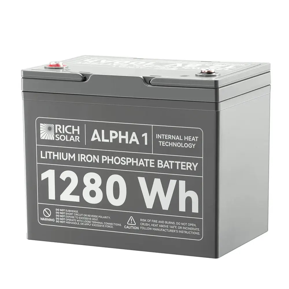 Front view of Rich Solar ALPHA 1 lithium iron phosphate battery showing the 1280Wh power capacity and internal heat technology label.