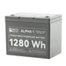 Front view of Rich Solar ALPHA 1 lithium iron phosphate battery showing the 1280Wh power capacity and internal heat technology label.