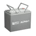 Rich Solar ALPHA 1 100Ah LiFePO4 solar battery with its integrated dual gray carrying handles flipped up for portability.