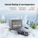 Rich Solar ALPHA 1 internal heating technology infographic demonstrating low-temperature charging parameters in a snowy winter landscape.
