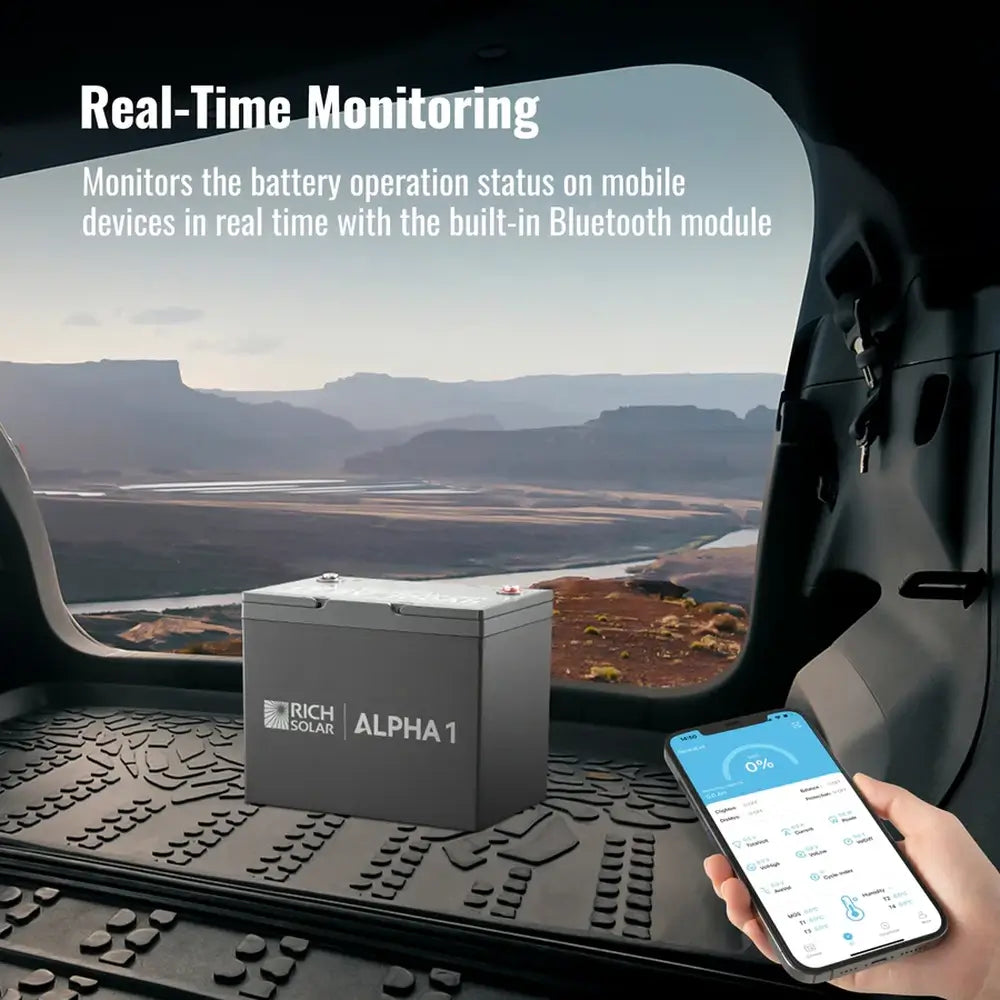 Real-time monitoring smartphone app screen tracking the Rich Solar ALPHA 1 battery status via built-in Bluetooth module inside an overland vehicle.