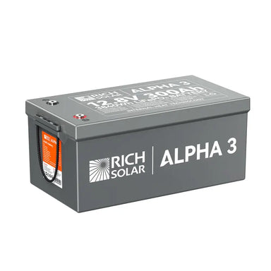 Three-quarter front view of the Rich Solar ALPHA 3 12V 300Ah heated LiFePO4 battery showcasing the top specification label and terminal connections.