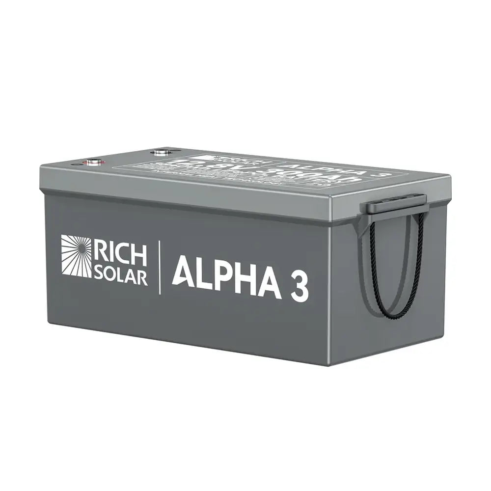 Side view of the grey Rich Solar ALPHA 3 300Ah lithium iron phosphate battery highlighting the prominent white brand logo and integrated carrying handle.