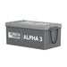 Side view of the grey Rich Solar ALPHA 3 300Ah lithium iron phosphate battery highlighting the prominent white brand logo and integrated carrying handle.