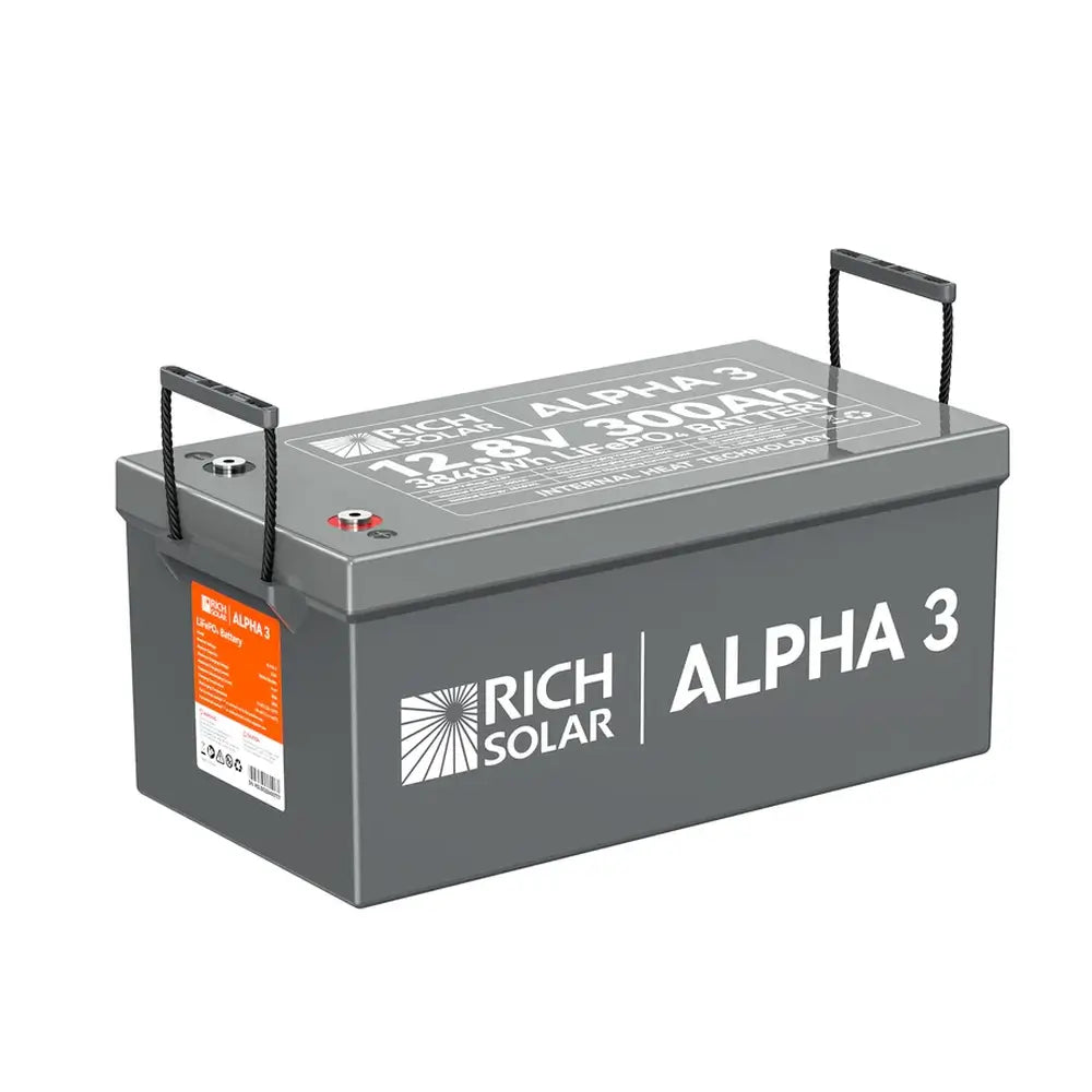 Rich Solar ALPHA 3 12V 300Ah heated lithium battery shown from an angle with its built-in rope handles extended for portable transport.