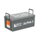 Rich Solar ALPHA 3 12V 300Ah heated lithium battery shown from an angle with its built-in rope handles extended for portable transport.
