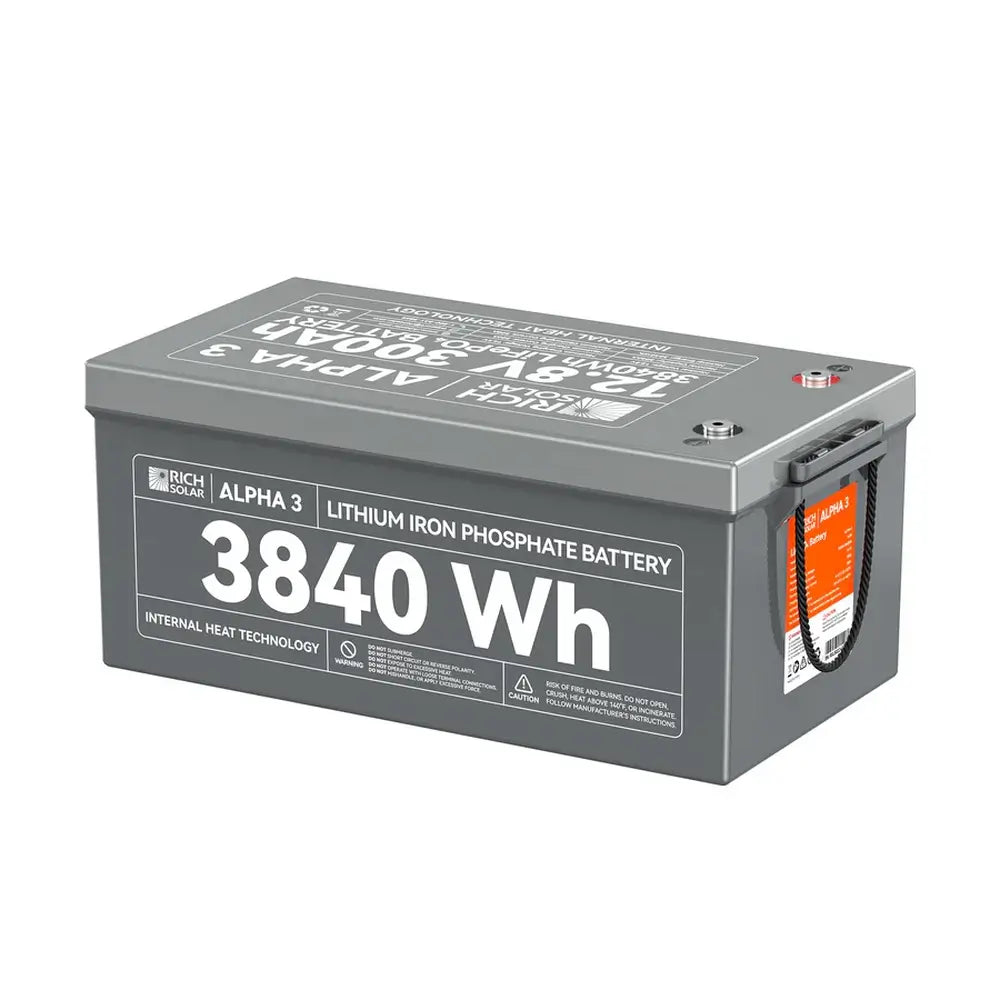 Rear perspective of the Rich Solar ALPHA 3 heated battery highlighting the large 3840Wh capacity label and internal heat technology text.