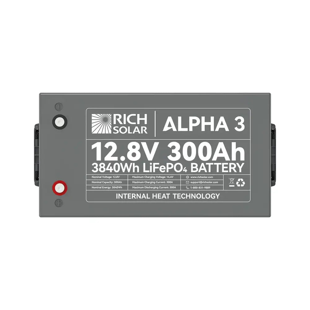 Top-down bird's-eye view of the Rich Solar ALPHA 3 12.8V 300Ah LiFePO4 battery detailing the full technical specifications label and terminal layouts.