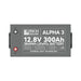 Top-down bird's-eye view of the Rich Solar ALPHA 3 12.8V 300Ah LiFePO4 battery detailing the full technical specifications label and terminal layouts.