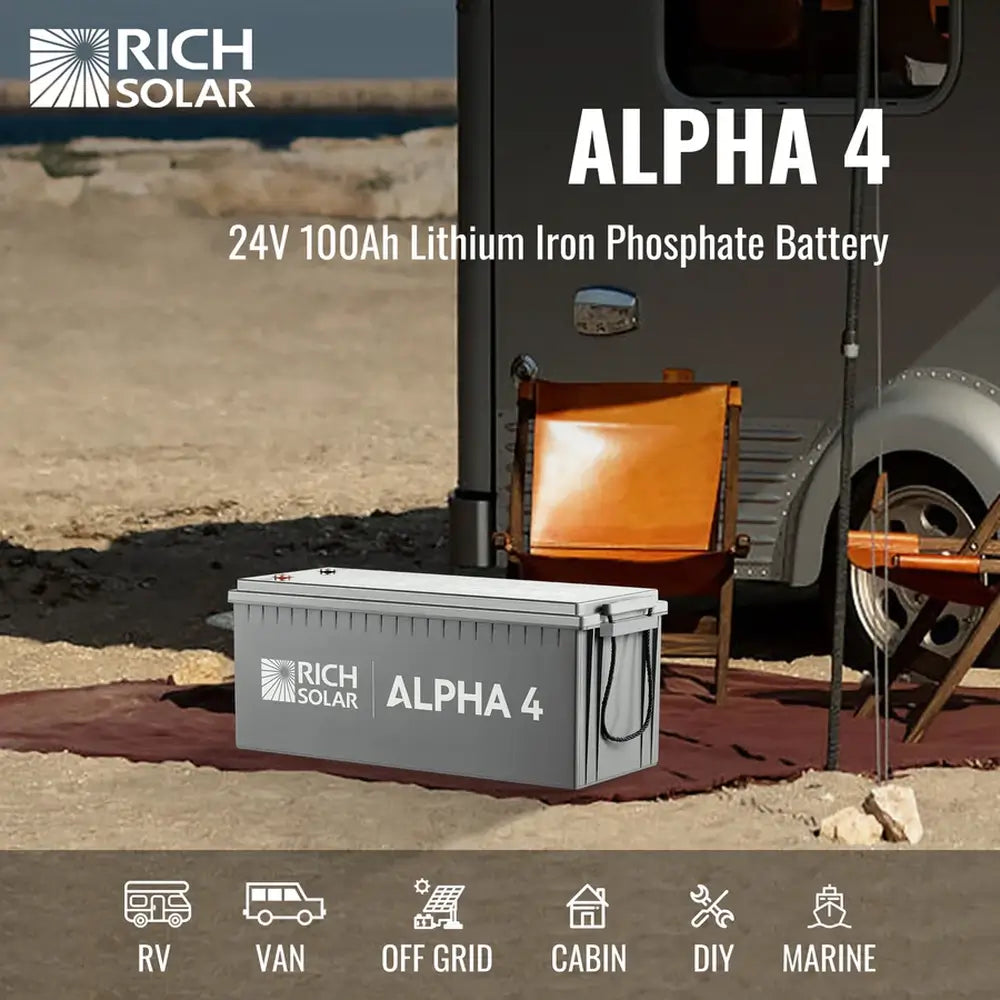 Rich Solar ALPHA 4 24V 100Ah Lithium Battery resting outside an off-grid travel trailer, ideal for RV, marine, and DIY setups.