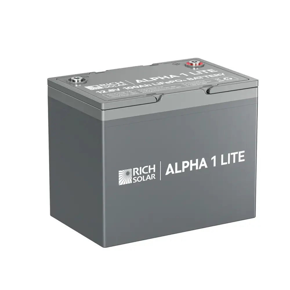 Studio product shot of the Rich Solar Alpha 1 Lite 12V 100Ah LiFePO4 lithium iron phosphate battery isolated on a white background.