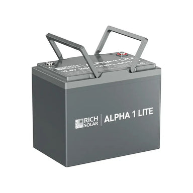 Rich Solar Alpha 1 Lite 12V 100Ah portable lithium battery shown with its integrated flip-up carrying handles extended.