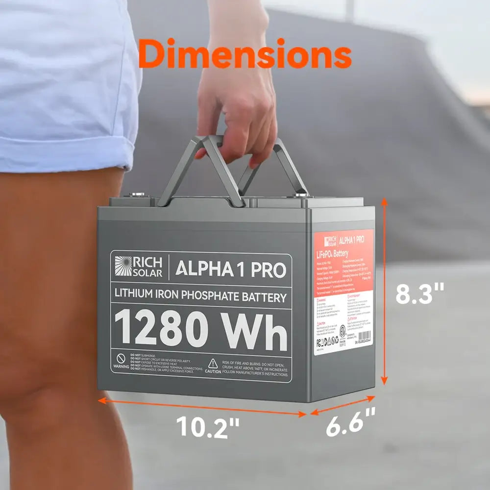 Rich Solar ALPHA 1 PRO 100Ah battery physical dimensions diagram showing measurements of 10.2 inches by 6.6 inches by 8.3 inches while being carried by its handles.
